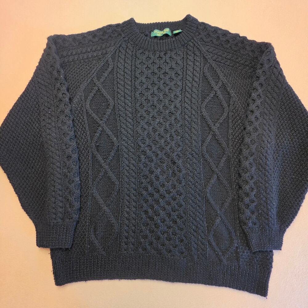 Maine Bay Vintage Hand Knit Chunky Cable Fisherman Sweater Black Sz XL 100% Wool